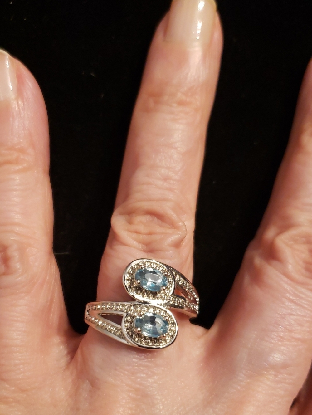 NEW SZ 8 Aquamarine W/Double Oval Stones In Crossover Or Bypass W/Halo Surround